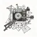 A signwriter's tools intertwined with musical symbols and travel landmarks tattoo design idea