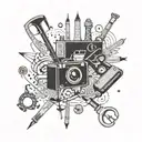 A signwriter's tools intertwined with musical symbols and travel landmarks tattoo design idea