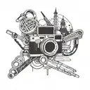 A signwriter's tools intertwined with musical symbols and travel landmarks tattoo design idea