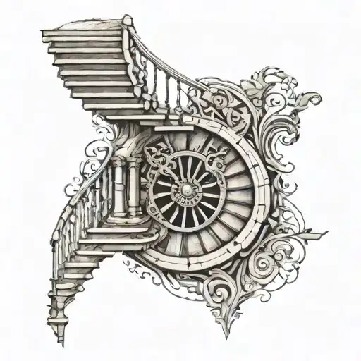 a tattoo design of a spiral staircase winding through a labyrinth, symbolizing the journey of self-discovery and persona tattoo design idea