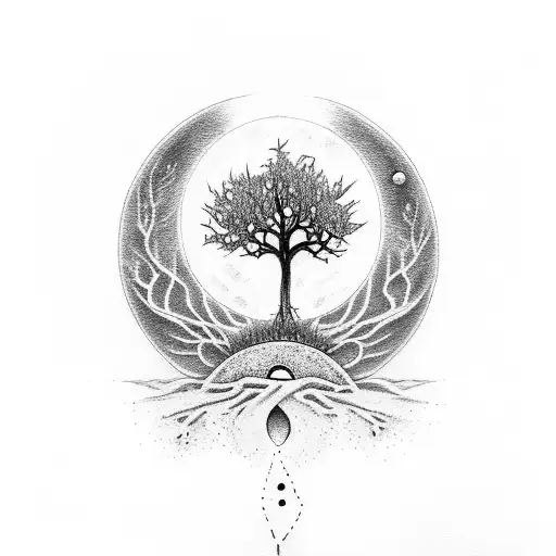 tree of life with gravestones and a moon  tattoo design idea