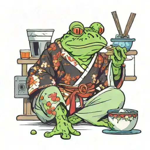 frog wearing a japanese robe, sitting in front of the tv and eating a bowl of ramel tattoo design idea