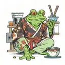 frog wearing a japanese robe, sitting in front of the tv and eating a bowl of ramel tattoo design idea