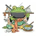 frog wearing a japanese robe, sitting in front of the tv and eating a bowl of ramel tattoo design idea