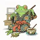 frog wearing a japanese robe, sitting in front of the tv and eating a bowl of ramel tattoo design idea