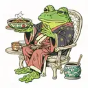 frog wearing a japanese robe, sitting in front of the tv and eating a bowl of ramel tattoo design idea
