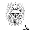 create a basic tatto that says memento mori and is half cat smiling and half with a sad face tattoo design idea
