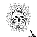 create a basic tatto that says memento mori and is half cat smiling and half with a sad face tattoo design idea