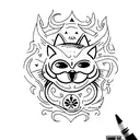 create a basic tatto that says memento mori and is half cat smiling and half with a sad face tattoo design idea