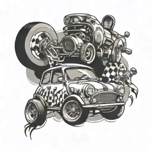 A motorsport themed tattoo featuring a mini car with pop punk elements tattoo design idea