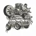 A motorsport themed tattoo featuring a mini car with pop punk elements tattoo design idea