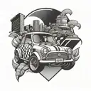 A motorsport themed tattoo featuring a mini car with pop punk elements tattoo design idea