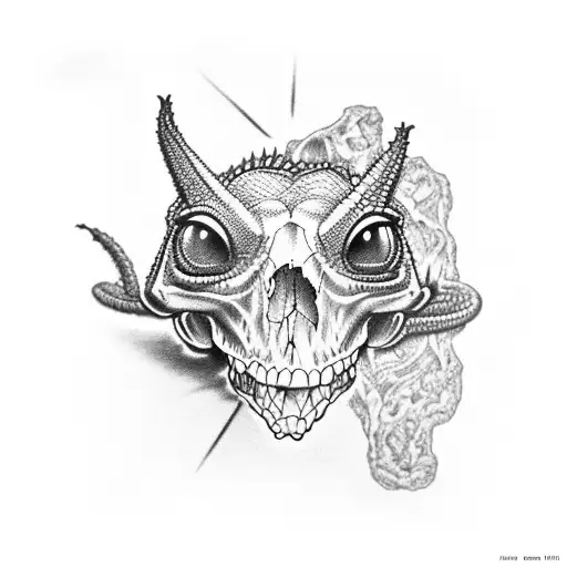 Lizard on a skull in 80s rocker style tattoo design idea
