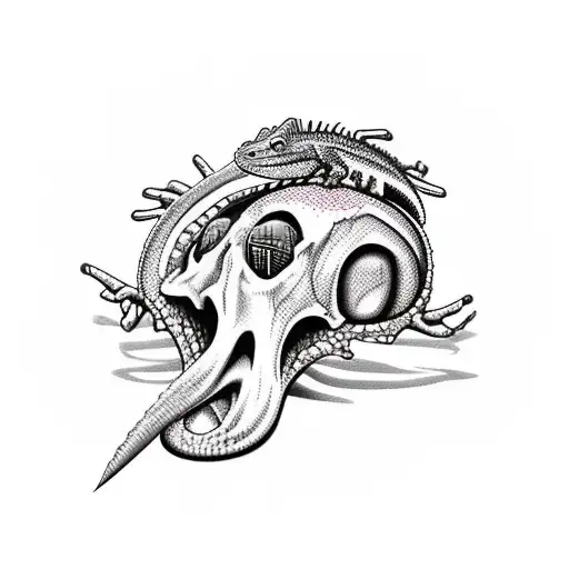 Lizard on a skull in 80s rocker style tattoo design idea