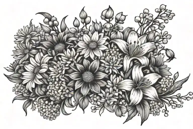 lily of valley, daisy, primrose, asters, cosmos, Chrysanthemums bouquet tattoo design idea