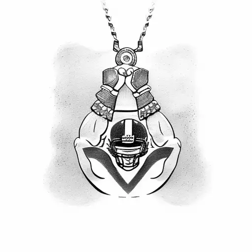 Create a tattoo of a football player lifting weights with a cross necklace as a focal point tattoo design idea