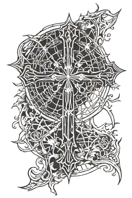 catholic cross and spider web tattoo design idea