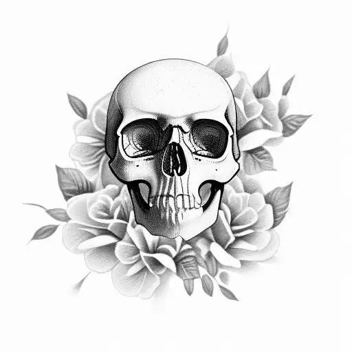 realistic skull painted with flowers tattoo design idea