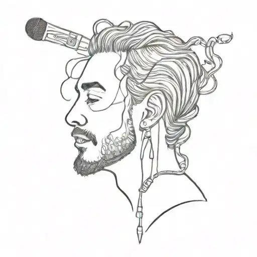 Create a tattoo design inspired by Post Malone's music with a sketch style, including elements like microphones and musical notes intertwined with pharmacy-related items tattoo design idea