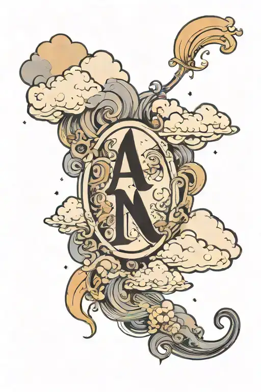 the name Aiden Anderko in the clouds with the date 3/15/24 tattoo design idea