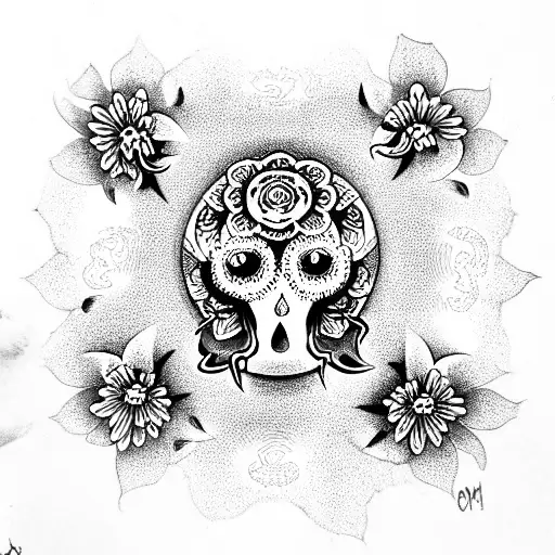 om with skulls and flowers tattoo design idea