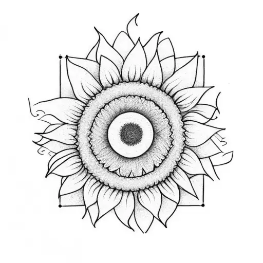 sunflower bounded im a box. include the text "19 jan". geometric linework that overlapps withbsome yellow. no shading tattoo design idea