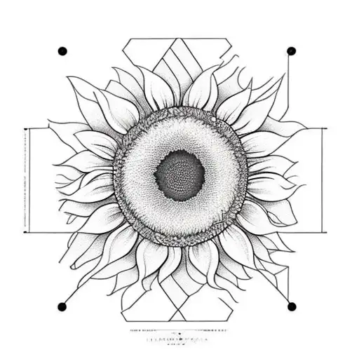 sunflower bounded im a box. include the text "19 jan". geometric linework that overlapps withbsome yellow. no shading tattoo design idea