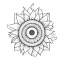 sunflower bounded im a box. include the text "19 jan". geometric linework that overlapps withbsome yellow. no shading tattoo design idea