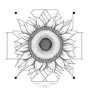 sunflower bounded im a box. include the text "19 jan". geometric linework that overlapps withbsome yellow. no shading tattoo design idea