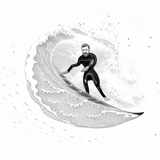 A dotwork representation of a surfer riding a wave formed by microalgae tattoo design idea
