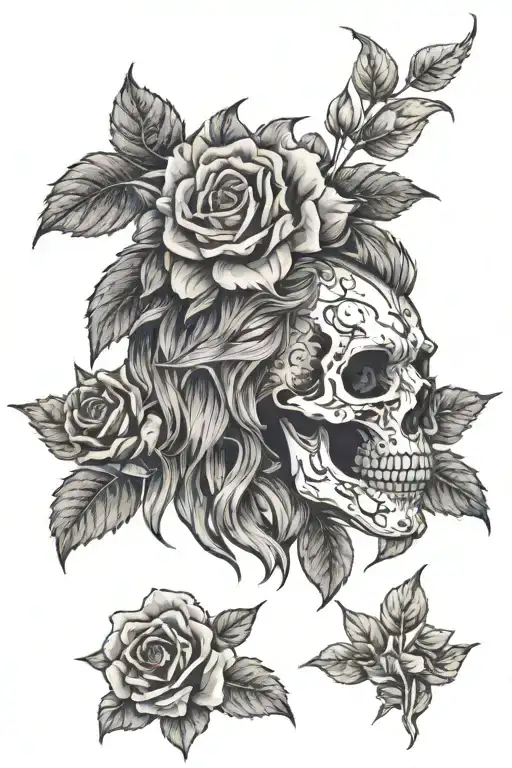 skull, roses, lion head tattoo design idea