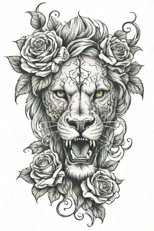 lion skull, roses intertwined tattoo design idea