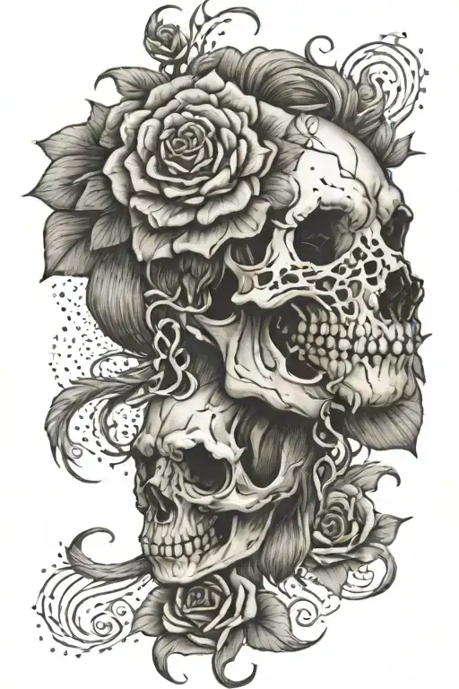 lion skull, roses intertwined tattoo design idea