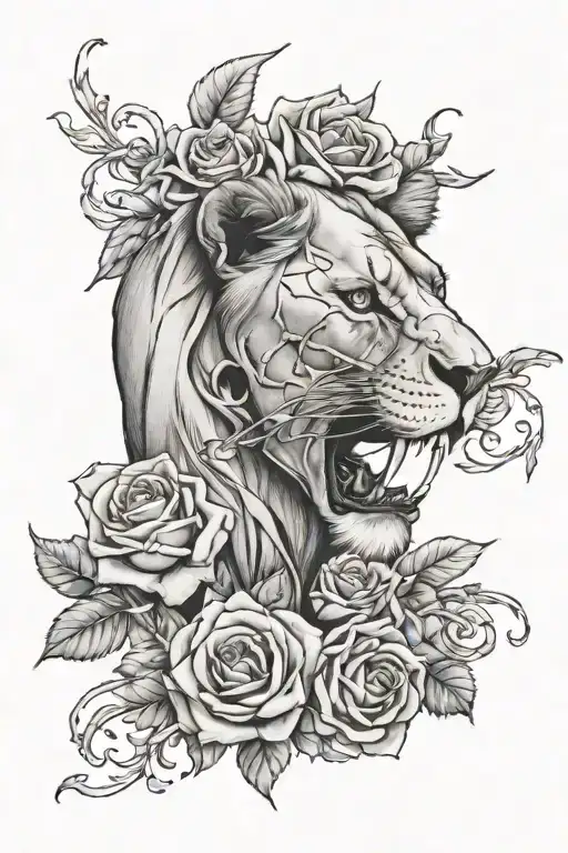 lion skull, roses intertwined tattoo design idea