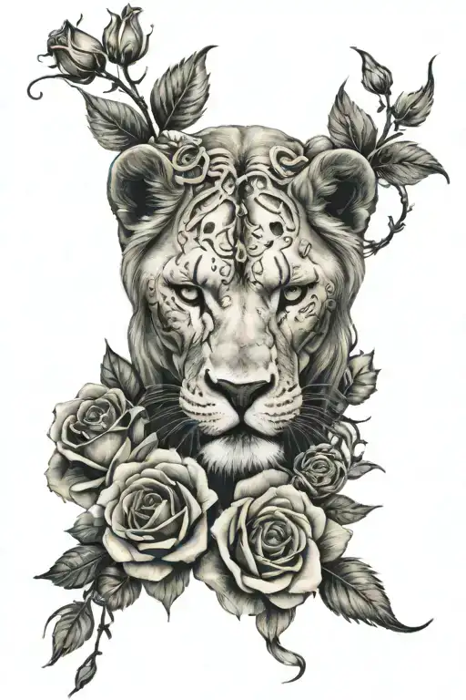 lion skull, roses intertwined tattoo design idea