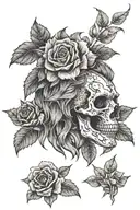 skull, roses, lion head tattoo design idea