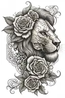 lion skull, roses intertwined tattoo design idea