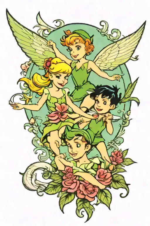 peter pan and tinkerbell in never land tattoo design idea