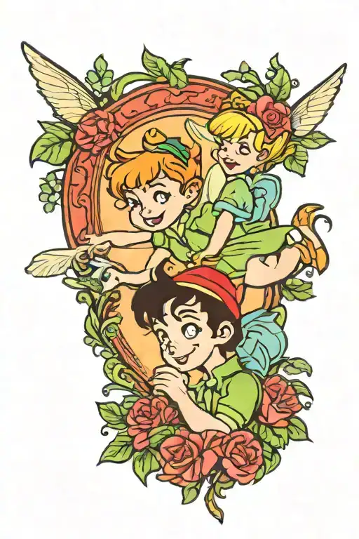 peter pan and tinkerbell in never land tattoo design idea