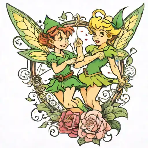 peter pan and tinkerbell caption hook tattoo design idea