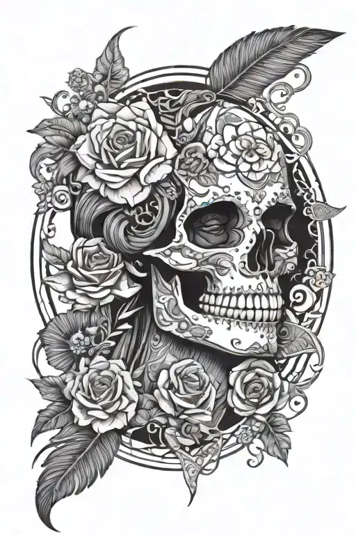 flowers, snake, skull, day of the dead girl, geometric shapes, crescent moon with feathers, lace detail, mandala,  tattoo design idea