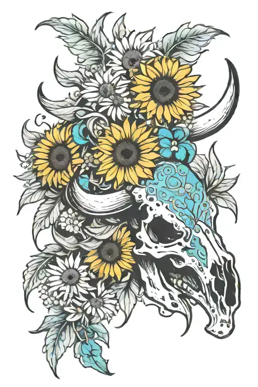 western, turquoise, daisies, sunflowers, bull skull tattoo design idea