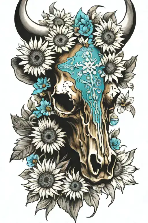 western, turquoise, daisies, sunflowers, bull skull tattoo design idea