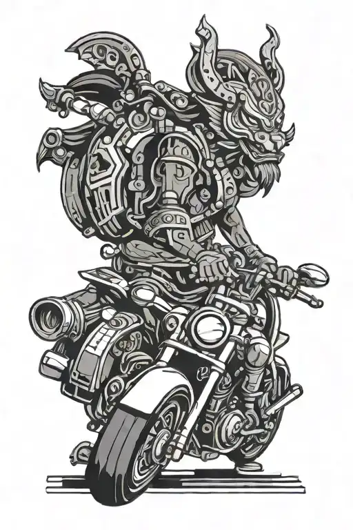 A Hindu deity riding a motorcycle through a pixelated gaming landscape tattoo design idea