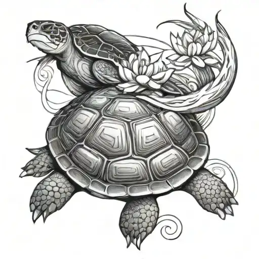 turtle and single water lily intertwined tattoo design idea
