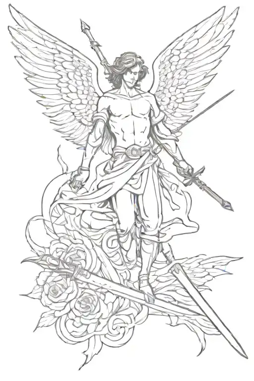 angel falling man holding sword tattoo design idea