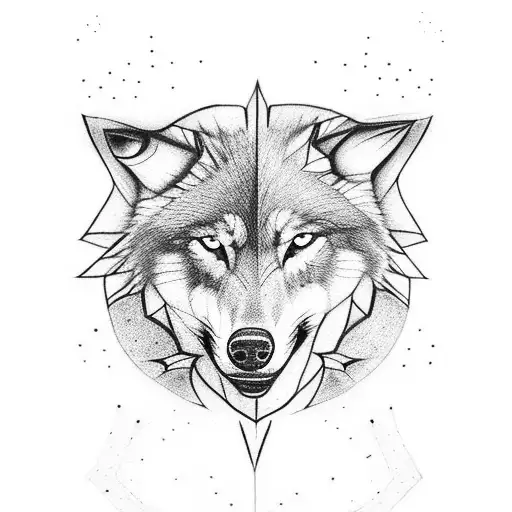 wolf with blue eyes half tribal with blue star glitters around tattoo design idea