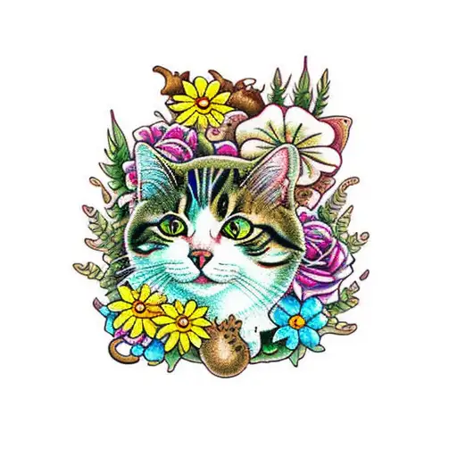domestic short hair Cat with brown accent hair and green eyewith tongue sticking out surrounded by flowers and mushrooms tattoo design idea