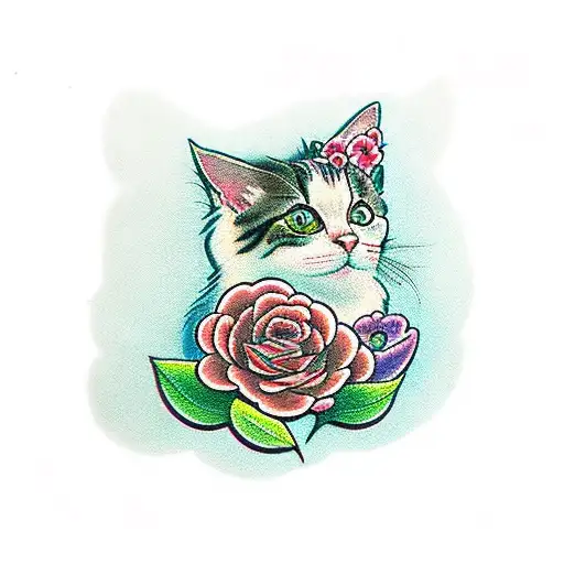 domestic short hair Cat with brown accent hair and green eyewith tongue sticking out surrounded by flowers and mushrooms tattoo design idea