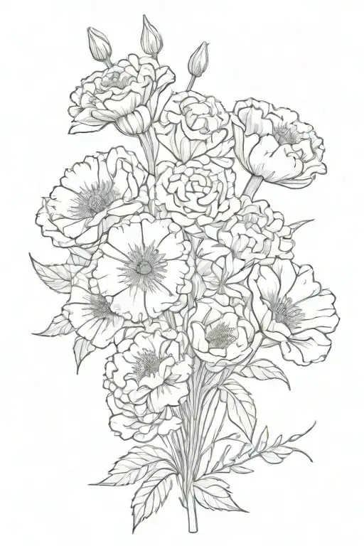 bouquet of carnations, violets, daisies, water lilies, poppies, marigolds tattoo design idea